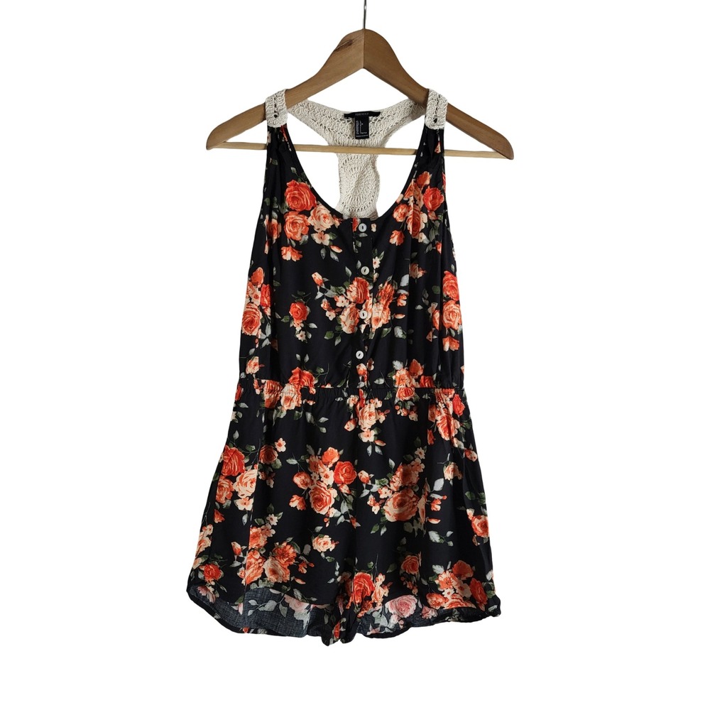 Forever 21 Floral Romper Black Rose Crochet Racerback L Romantic Grunge Boho